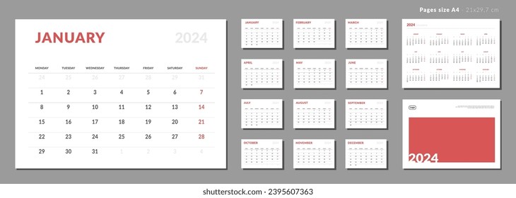 Set of Monthly page Calendar Planner Template and cover with Place for Photo and Company Logo on 2024. Vector layout of a wall or desk calendar with week start Monday. Pages for size A4 for print.