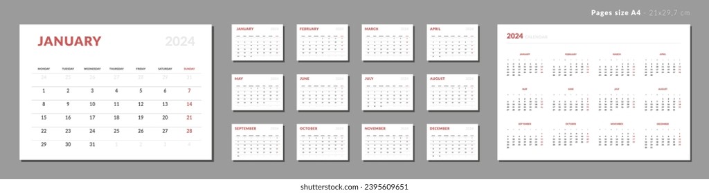 Set of Monthly page Calendar Planner Template on 2024. Vector layout horizontal of a wall or desk calendar with week start Monday. Pages for size A4 or 21x29.7 cm. Isolated Calendar grid for print.