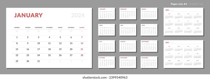 Set of Monthly page Calendar Planner Template 2024 and annual calendar of 2025. Vector layout of a wall or desk calendar with week start Monday. Pages for size A4. Isolated Calendar grid for print