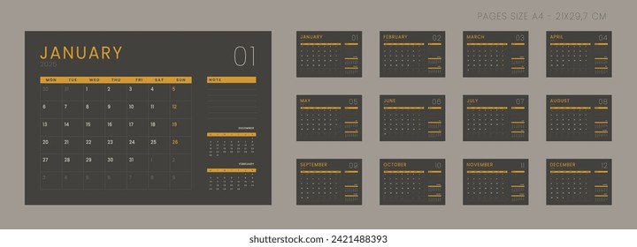 Set of Monthly page Calendar Planner Template on 2025. Isolated Vector layout horizontal of a wall or desk calendar with week start Monday. Pages for size A4 or 21x29.7 cm in dark color.