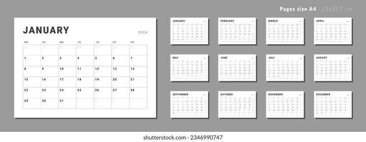 Set of Monthly pages Calendar Planner Templates 2024. Vector layout of a wall or desk simple calendar with week start Monday. Calendar grid in black color for print. Pages for size A4 or 21x29.7 cm