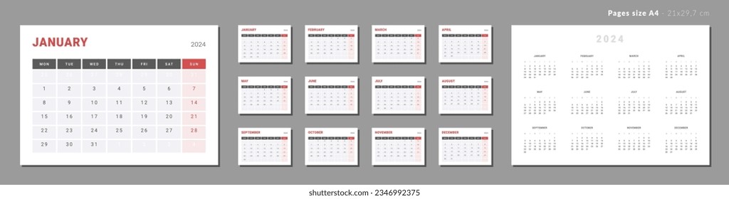 Set of Monthly pages Calendar Planner Templates 2024 for wall or desk in grey and red color. Vector layout of calendar with week start Monday for print. Pages for size A4 or 21x29.7 cm