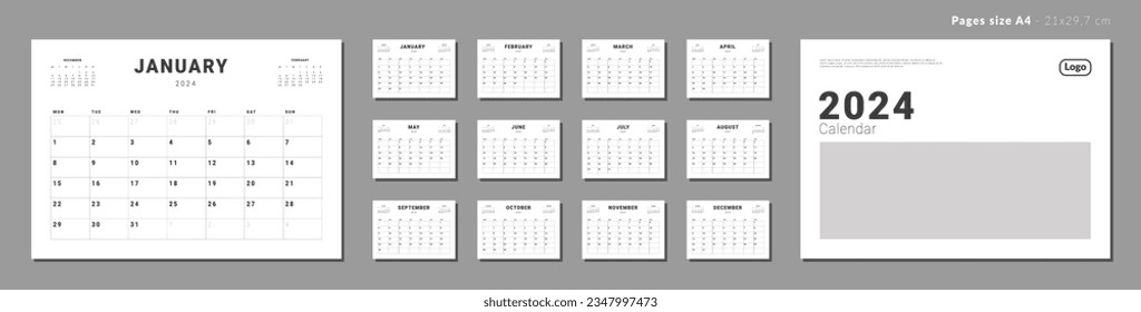 Set of Monthly pages Calendar Planner Templates 2024 for wall or desk with Cover and place for Photo, Company Logo. Vector layout of simple calendar with week start Monday for print. Pages for size A4