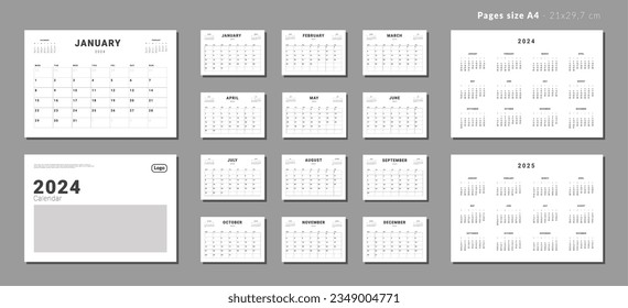 Set of Monthly pages Calendar Planner Templates 2024-2025 for wall or desk with Cover and place for Photo, Company Logo. Vector layout of calendar with week start Monday for print. Pages for size A4