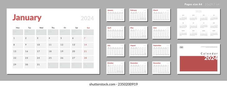 Set of Monthly pages Calendar Planner Templates 2024-2025 with note for wall or desk with Cover and place for Photo, Logo in grey and red color. Pages for size A4 in vector with week start Monday.