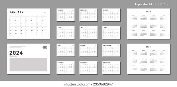 Monatliche Seiten Kalender-Planer-Vorlagen 2024-2025 für Wand oder Schreibtisch mit Abdeckung und Platz für Foto, Firmenlogo. Vektorlayout des Kalenders mit Wochenstart Montag für Druck. Seiten der Größe A4