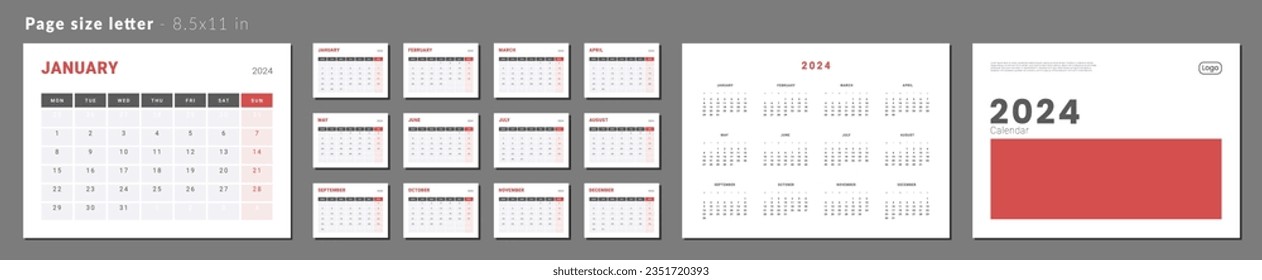 Conjunto de páginas mensuales Calendario Planner Templates 2024 para pared o escritorio con cubierta y lugar para foto, logotipo. Diseño vectorial del calendario con semana de inicio lunes para impresión. Páginas para el tamaño Letra -8,5x11 pulgadas