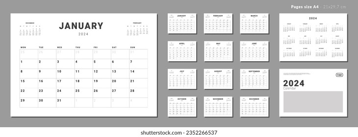 Conjunto de páginas mensuales Calendario Planner Templates 2024 para pared o escritorio con cubierta y lugar para foto, logotipo de la empresa. Diseño vectorial de calendario simple con semana de inicio lunes para impresión. Páginas del tamaño A4