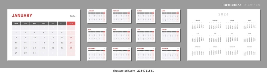 Set of Monthly pages Calendar Planner Templates 2024-2025 for wall or desk in grey and red color. Vector layout of calendar with week start Monday for print. Pages for size A4 or 21x29.7 cm