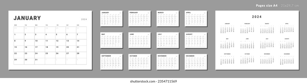 Set of Monthly pages Calendar Planner Templates 2024. Vector layout of a wall or desk simple calendar with week start Monday. Calendar grid in black color for print. Pages for size A4 or 21x29.7 cm