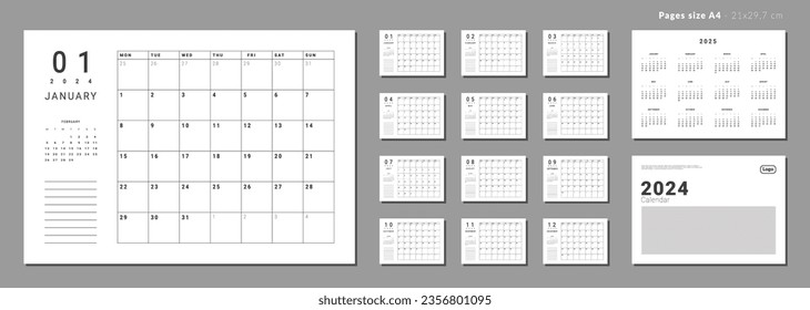Set of Monthly pages Calendar Planner Templates 2024-2025 with note for wall or desk with Cover and place for Photo, Logo. Vector layout of calendar with week start Monday. Pages for size A4