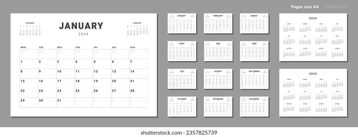 Set of Monthly pages Calendar Planner Templates 2024-2025. Vector layout of a wall or desk simple calendar with week start Monday. Calendar grid in black color for print. Pages for size A4-21x29.7cm