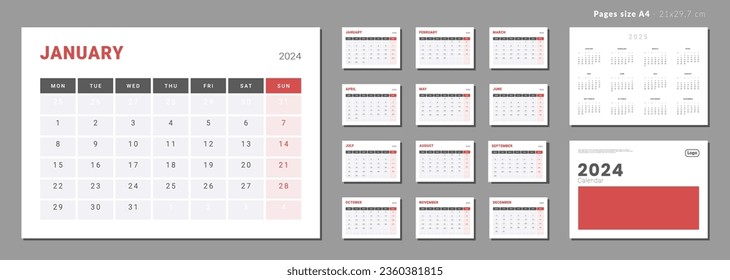Set of Monthly pages Calendar Planner Templates 2024-2025 with note for wall or desk with Cover and place for Photo, Logo in grey and red color. Pages for size A4 in vector with week start Monday.