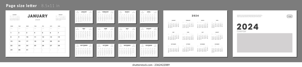 Set of Monthly pages Calendar Planner Templates 2024 for wall or desk with Cover and place for Photo, Logo. Vector layout of calendar with week start Monday for print. Pages for size Letter -8.5x11 in