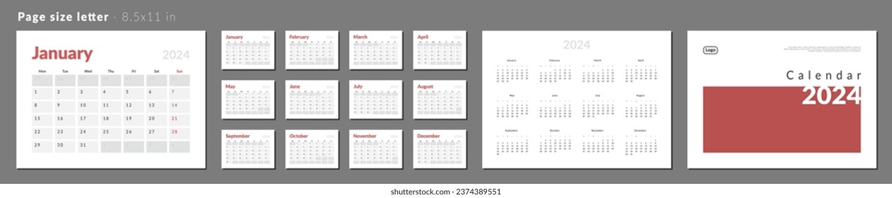 Set of Monthly pages Calendar Planner Templates 2024 with note for wall or desk with Cover and place for Photo, Logo. Vector layout of calendar with week start Monday. Pages for size Letter 8.5x11 in