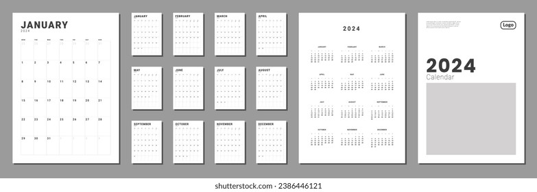 Set of Monthly pages Calendar Planner Templates 2024-2025 with Cover. Vector layout of a vertical simple calendar with week start Monday. Calendar grid for print. Pages for size A4 or 21x29.7 cm