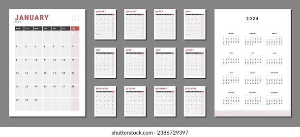 Set of Monthly pages Calendar Planner Templates 2024 for wall or desk in grey and red color. Vector layout of calendar with week start Monday for print. Pages for size A4 or 21x29.7 cm