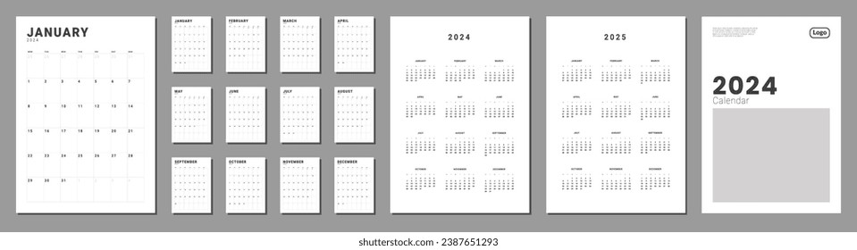 Conjunto de páginas mensuales Plantillas de calendario 2024-2025 con cubierta. Diseño vectorial de un calendario vertical simple con semana de inicio el lunes. Cuadrícula de calendario para impresión. Páginas para el tamaño A4 o 21x29,7 cm