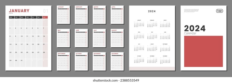 Conjunto de páginas mensuales Plantillas de calendario 2024-2025 con nota para pared o escritorio con cubierta y lugar para foto, logotipo en color gris y rojo. Las páginas para el tamaño A4 en vector con semana empiezan el lunes.