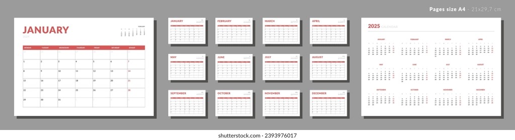 Conjunto de páginas mensuales Plantillas de calendario 2024. Diseño vectorial de una pared o de un calendario simple de escritorio con inicio de semana el lunes. Cuadrícula de calendario en color negro para impresión. Páginas para el tamaño A4 o 21x29,7 cm