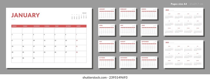 Conjunto de páginas mensuales Plantillas de calendario 2024. Diseño vectorial de una pared o de un calendario simple de escritorio con inicio de semana el lunes. Cuadrícula de calendario en color negro para impresión. Páginas para el tamaño A4 o 21x29,7 cm