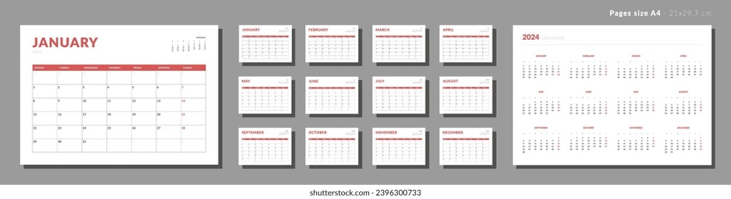 Set of Monthly pages Calendar Planner Templates 2024. Vector layout of a wall or desk simple calendar with week start Monday. Calendar grid in black color for print. Pages for size A4 or 21x29.7 cm