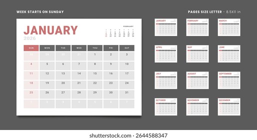 Conjunto de páginas mensais Calendar Planner Templates 2024 para parede ou mesa cinza e vermelho cor para impressão. Layout vetorial do calendário simples com início de semana no domingo. Páginas para tamanho Carta - 8,5x11 pol