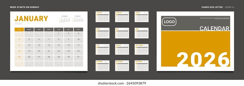 Conjunto de páginas mensais Calendar Planner Templates 2024 para parede ou mesa com tampa e lugar para foto, logotipo. Layout vetorial do calendário simples com início de semana no domingo. Páginas para tamanho Carta - 8,5x11 pol