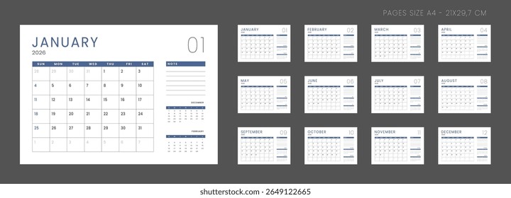 Conjunto de páginas Mensais Modelos do Planejador do Calendário 2026 com Nota. Layout de grade vetorial de um organizador simples de parede ou mesa com início de semana domingo em cinza e azul para impressão. Tamanho das páginas A4 -21x29,7cm