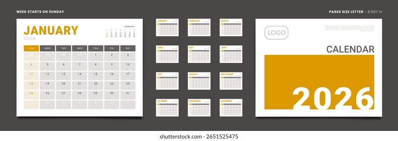 Conjunto de páginas mensais Calendar Planner Templates 2026 para parede ou mesa com tampa e lugar para foto, logotipo. Layout vetorial do calendário simples com início de semana no domingo. Páginas para tamanho Carta - 8,5x11 pol
