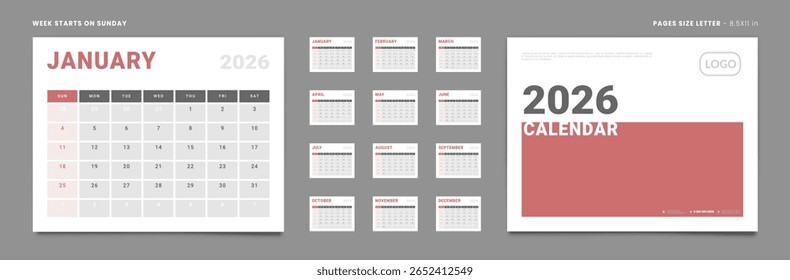 Conjunto de páginas mensais Calendar Planner Templates 2026 para parede ou mesa com tampa e lugar para foto, logotipo. Layout vetorial do calendário simples com início de semana no domingo. Páginas para tamanho Carta - 8,5x11 pol