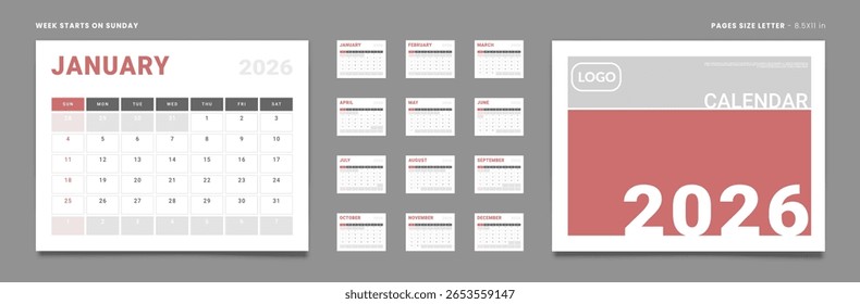Conjunto de páginas mensais Calendar Planner Templates 2026 para parede ou mesa com tampa e lugar para foto, logotipo. Layout vetorial do calendário simples com início de semana no domingo. Páginas para tamanho Carta - 8,5x11 pol