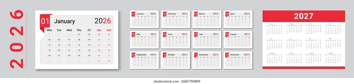 Set of Monthly pages Calendar Planner Templates 2026 for wall or desk . Vector layout of simple calendar with week start Sunday. Pages for size Letter - 8.5x11 in