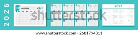 Set of Monthly pages Calendar Planner Templates 2026 for wall or desk . Vector layout of simple calendar with week start Sunday. Pages for size Letter - 8.5x11 in