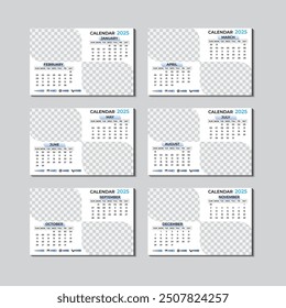 Set of Monthly pages Wall and Desk Calendar Planner Templates 2025  with Cover and place for Photo, Logo. Vector layout of simple calendar with week start Sunday. Pages for size standard.
