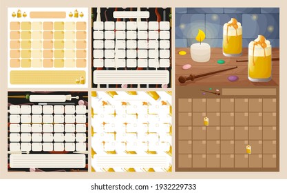 Set von monatlichen Planervorlagen. Geräumige Elemente und Illustrationen. Platz für Notizen. Flaches Beispiel.