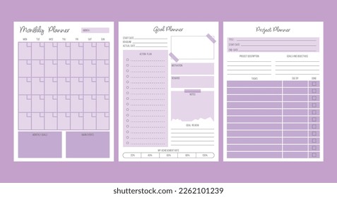 Set of monthly planner,goal planner and project planner sheets. Minimalist and modern planner template. Printable A4 size sheets.Vector illustration