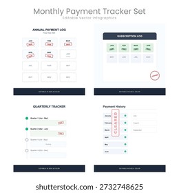 Set of monthly and quarterly payment tracker infographics