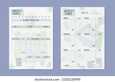 A set of Monthly and Weekly budget planner. Cute finance planner template In green and lilac lavender colors. Two colors. Vector illustration