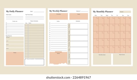 Set of monthly, weekly and daily planner templates. Printable A4 sheets. Vector illustration