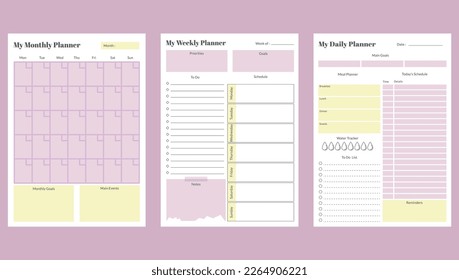 Set of monthly, weekly and daily planner templates. Printable A4 sheets. Vector illustration
