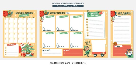 Set of monthly, weekly and daily planners with cute Christmas  illustrations.Stationery template for planners. Isolated vector.