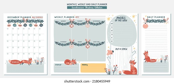 Set of monthly, weekly and daily planners with Christmas scandinavian illustrations. Template for planners, to do lists and other stationery. Isolated vector.