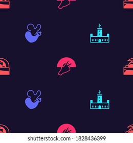 Set Montjuic castle, Spanish wineskin, Fan flamenco and Concert hall de Tenerife on seamless pattern. Vector.