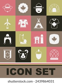 Set Montreal Biosphere, Canadian maple leaf, Hockey jersey, ranger hat, Wind turbine,  and Indian teepee or wigwam icon. Vector