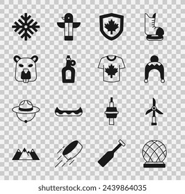Set Montreal Biosphere, Wind turbine, Winter hat, Canada flag shield, Bottle of maple syrup, Beaver animal, Snowflake and Hockey jersey icon. Vector