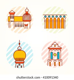 Set of Monument, building, tower and colonnade thin line colorful vector icons. Cartoon logo, badge and label of building in antique, renaissance and byzantine style.