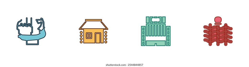 Set Monument to founders of Kiev, Ukrainian house, Hotel Ukraina building and Wicker fence icon. Vector
