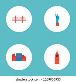 Set of monument icons flat style symbols with golden gate, shibuya, statue of liberty and other icons for your web mobile app logo design.
