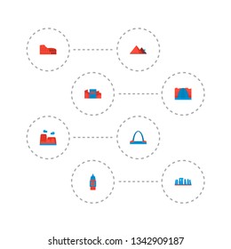 Set of monument icons flat style symbols with stonehenge, niagara falls, colosseum and other icons for your web mobile app logo design.